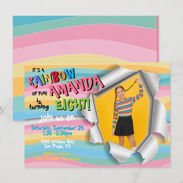 Convites Festa de aniversário de fotos do Rainbow (Frente/Verso)