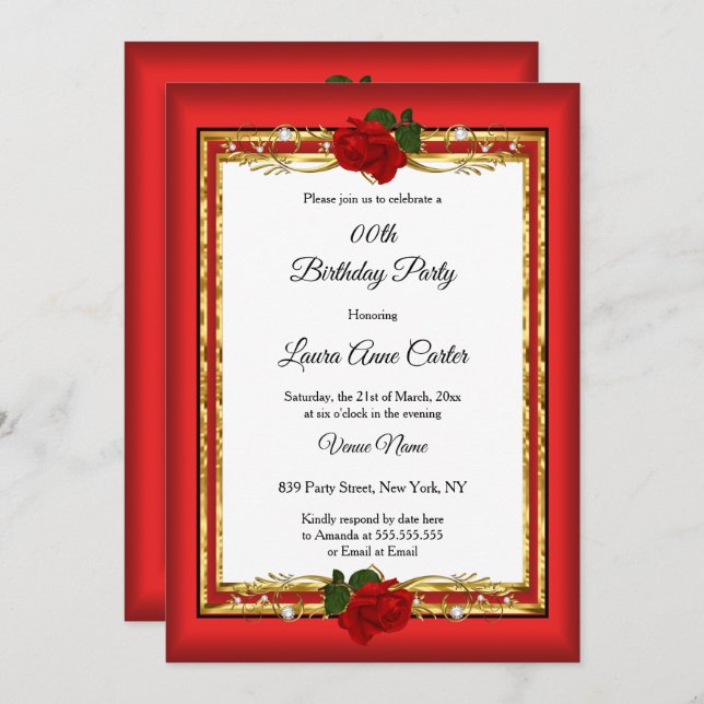 Convites Festa de aniversário de fotos Dourada da rosa verm (Frente/Verso)