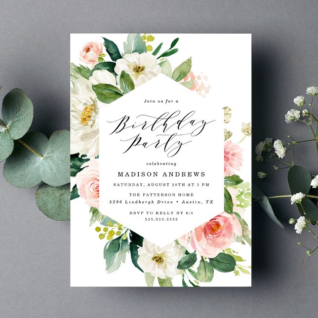 Convites Festa de aniversário de Frame Floral de Blush Eleg (Criador carregado)