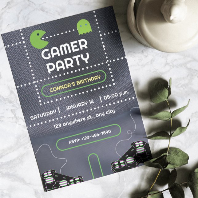 Convites Festa de Aniversário de Gamer Verde e Branco (Green and White Gamer Birthday Party Invitation)