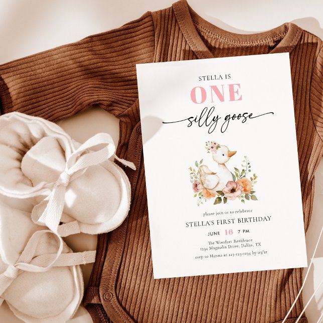 Convites Festa de aniversário de ganso de um Bobo rosa com  (Criador carregado)