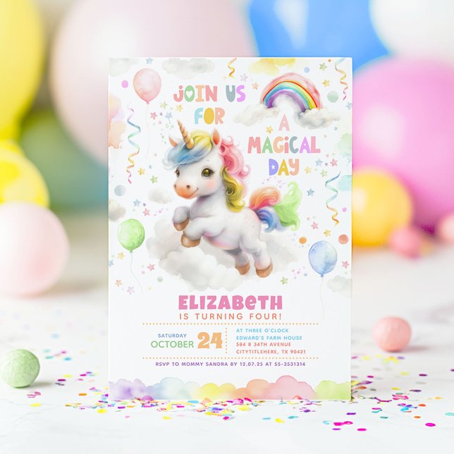 Convites Festa de aniversário de Garota-do-Arco-Íris (Colorful Unicorn Birthday Invitations)