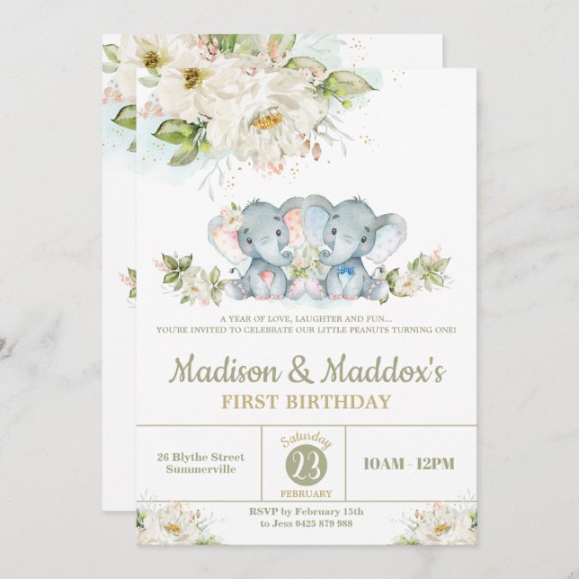 Convites Festa de aniversário de Garota Gimpanzinha Elefant (Frente/Verso)