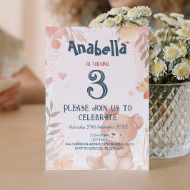 Convites Festa de aniversário de Garota Rosa do Urso Teddy