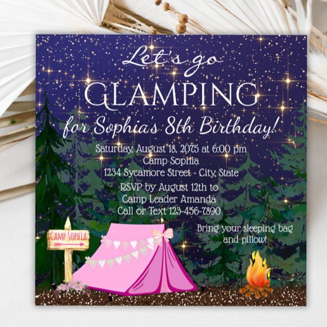 Convites Festa de aniversário de Garotas (Glamping invitation with cute tent and campfire. Glamping invitation for any event. )