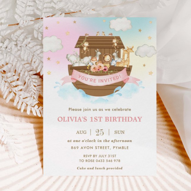 Convites Festa de aniversário de Garotas de Bicho-de-Arca d (noah's ark rainbow cute animals 1st birthday invitation printed cardstock cards for girls)