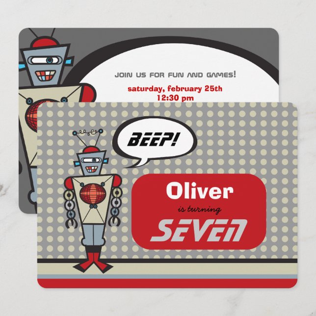Convites Festa de aniversário de Garotos Bonitos Robôs Retr (Frente/Verso)