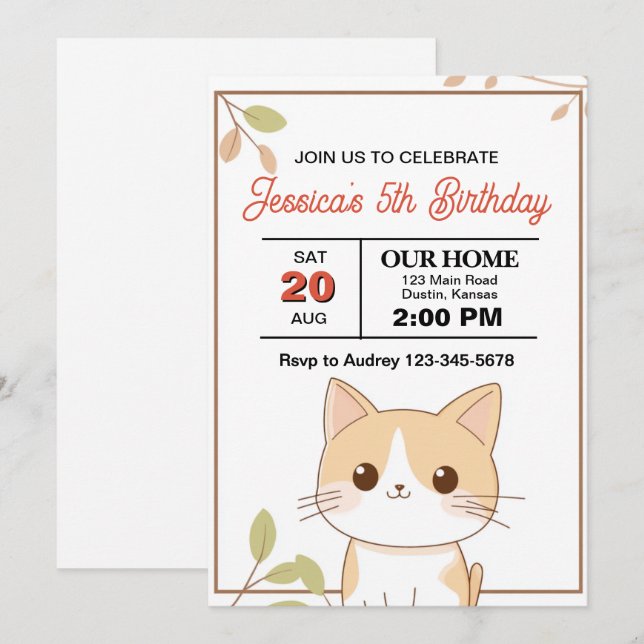 Convites Festa de aniversário de Gato de Gato e Fofinho (Frente/Verso)