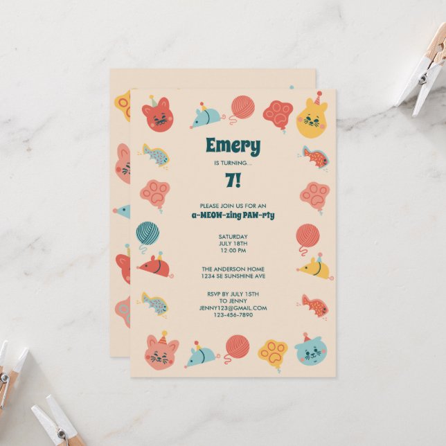 Convites Festa de aniversário de Gato Gato-Gato-Gato (Frente/Verso In Situ)