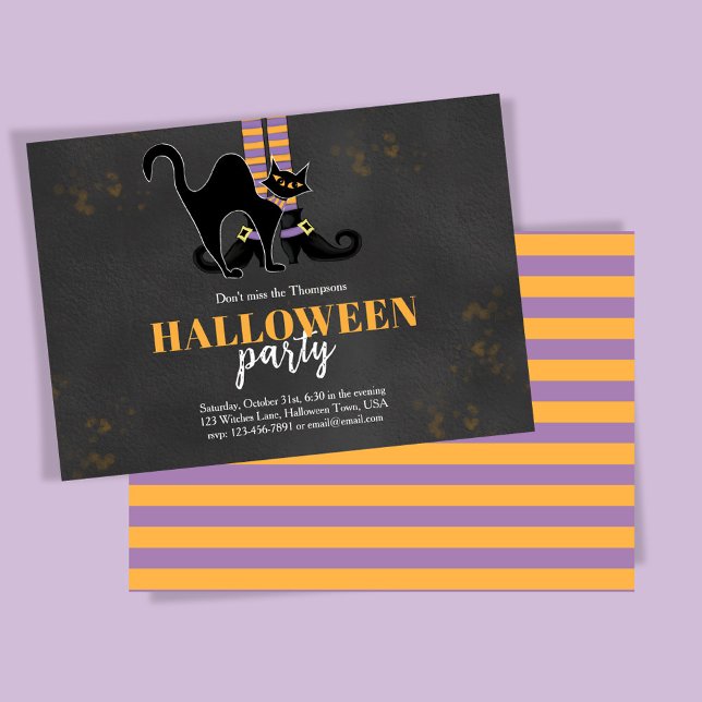 Convites Festa de aniversário de Gato Preto de Bruxa Preta  (Whimsical Halloween party invitations with witch and black cat. )
