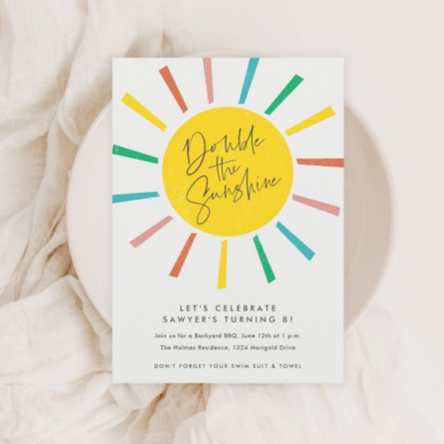 Convites Festa de aniversário de Gêmeos do Rainbow Sun Scri (Modern Colorful Sun Twins Kids Birthday Party Invitations.)