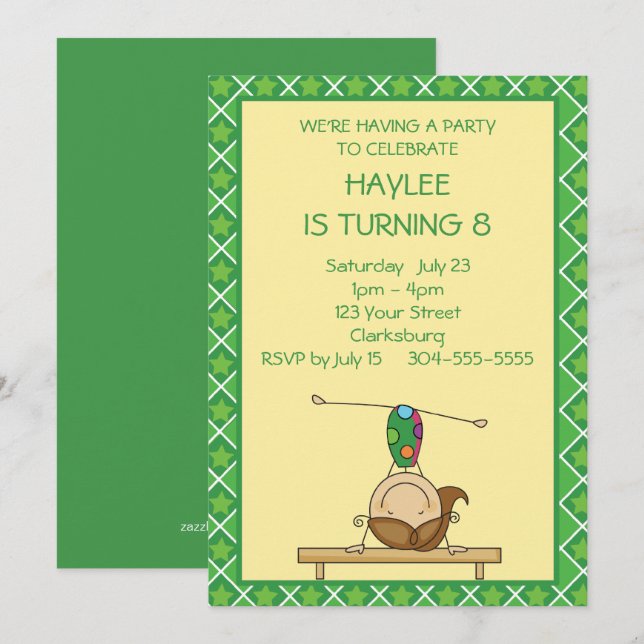 Convites Festa de aniversário de Ginástica de Figura Verde  (Frente/Verso)