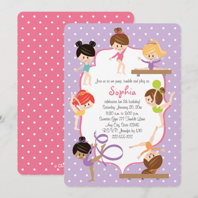 Convites Festa de aniversário de ginástica personalizada (Frente/Verso)