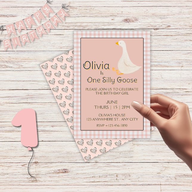 Convites Festa de aniversário de Gingham, Rosa, ganso-ganso (One Silly Goose Pink Gingham Girl's Birthday Party Invitation)
