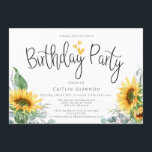 Convites Festa de aniversário de girassol<br><div class="desc">Este convite de aniversário alegre de girassol vai dar o tom para a sua festa. Este design apresenta girassóis pintados por aquarela,  letras divertidas desenhadas à mão e corações brancos em fundo branco.</div>