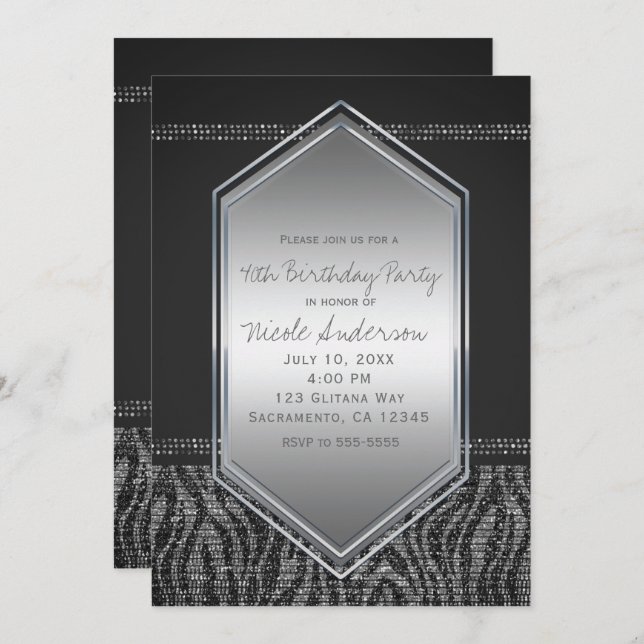 Convites Festa de aniversário de Glama de Cinza Zebra Silve (Frente/Verso)