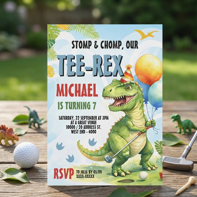 Convites Festa de Aniversário de Golfe Miniatura Tee-Rex Di (Swing into action with this adorable "Tee-Rex" golf birthday party invitation! )