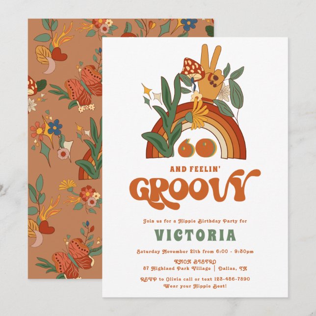 Convites Festa de aniversário de Groovy do Hippie 70 (Frente/Verso)