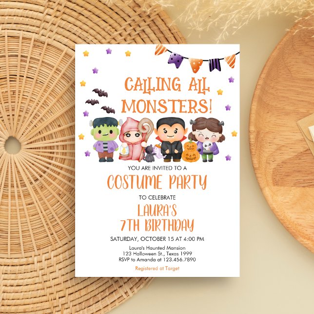 Convites Festa de Aniversário de Halloween Chamada de Todos (Calling All Monsters Spooktacular Halloween Costume Birthday Party Invitation)