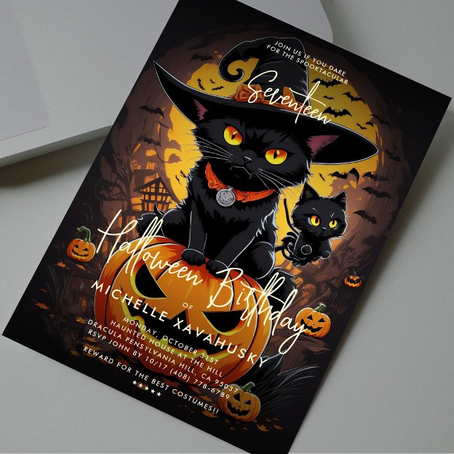 Convites Festa de aniversário de Halloween de Bruxas Negra  (Gothic Cute Cat Witch Halloween Birthday Party Invitation
)