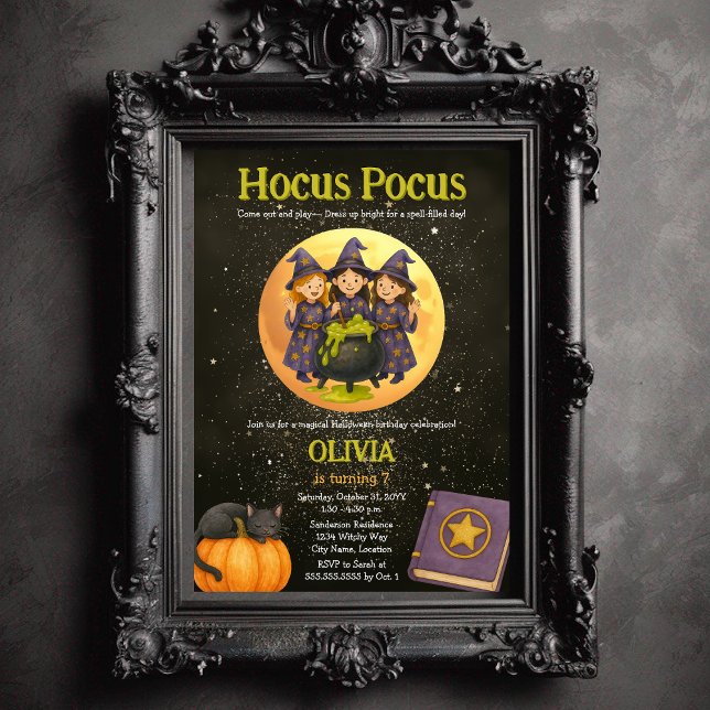 Convites Festa de aniversário de Halloween do Pocus (Three witches Hocus Pocus child's costume Halloween birthday party invitation)