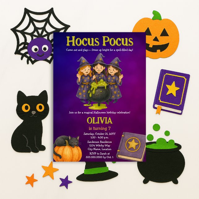 Convites Festa de aniversário de Halloween do Pocus (Three little witches Hocus Pocus Halloween birthday party invite)