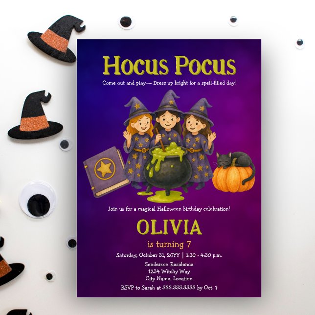 Convites Festa de aniversário de Halloween do Pocus (Cut little witches October Halloween birthday costume party invitation)