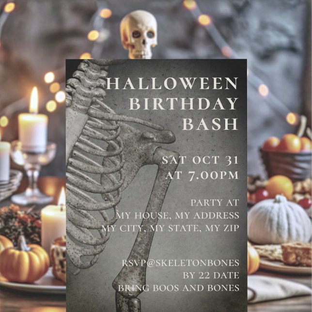 Convites Festa de Aniversário de Halloween Esqueleto Assust (Birthday bash on Halloween? Here's your invitation!)
