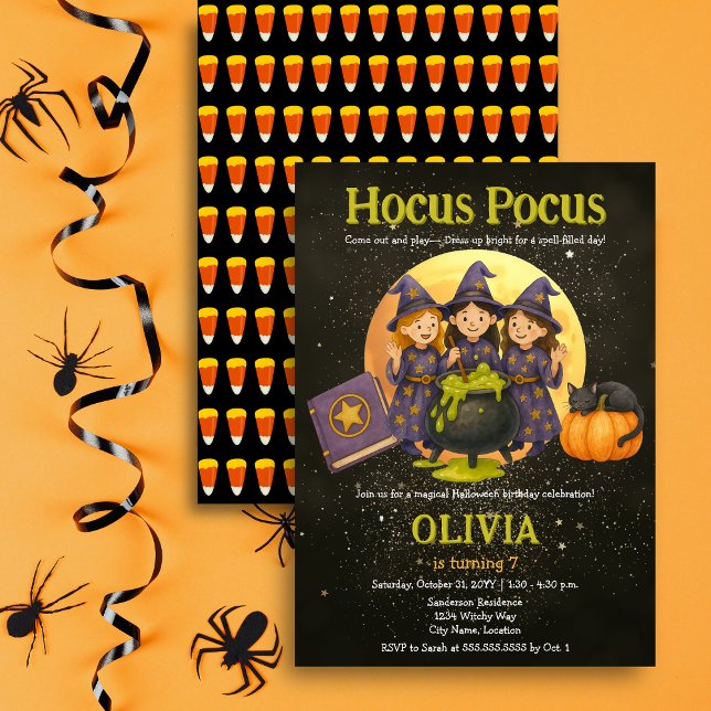 Convites Festa de Aniversário de Halloween Hocus Pocus (Hocus Pocus three little witches Halloween birthday party invitation in situ.)