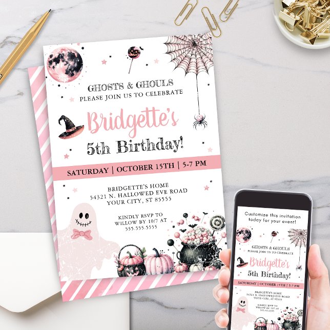 Convites Festa de aniversário de Halloween para Crianças Fa (Fun pink Halloween birthday party invitations for little girls any girl birthday party invite)