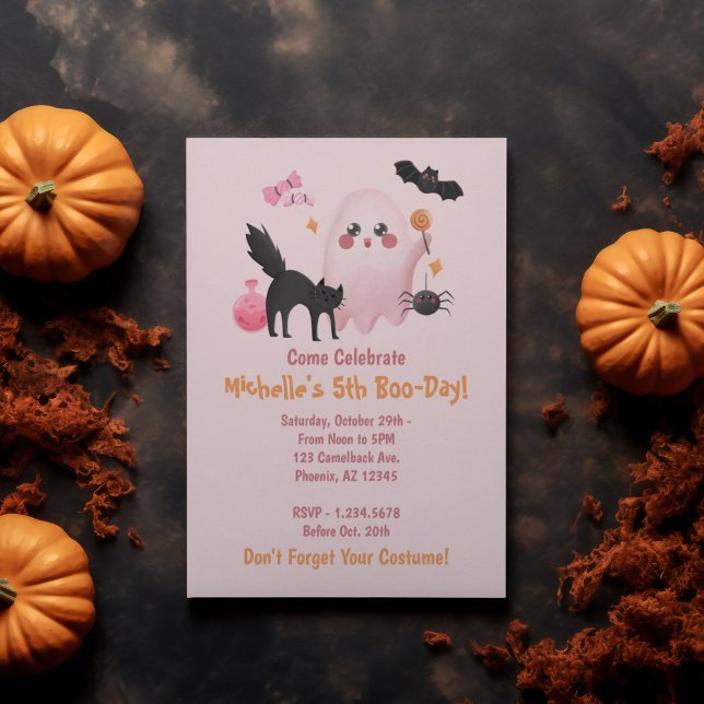 Convites Festa de aniversário de Halloween rosa e bonito (Cute Pink Halloween Birthday Party Invitation)