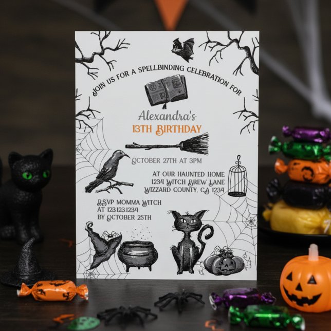 Convites Festa de aniversário de Halloween Spellbinding Spo (Spooky Halloween Birthday Invitation in Orange and Black for Kids. Scary Pumpkin, Cat, Raven, Bats)
