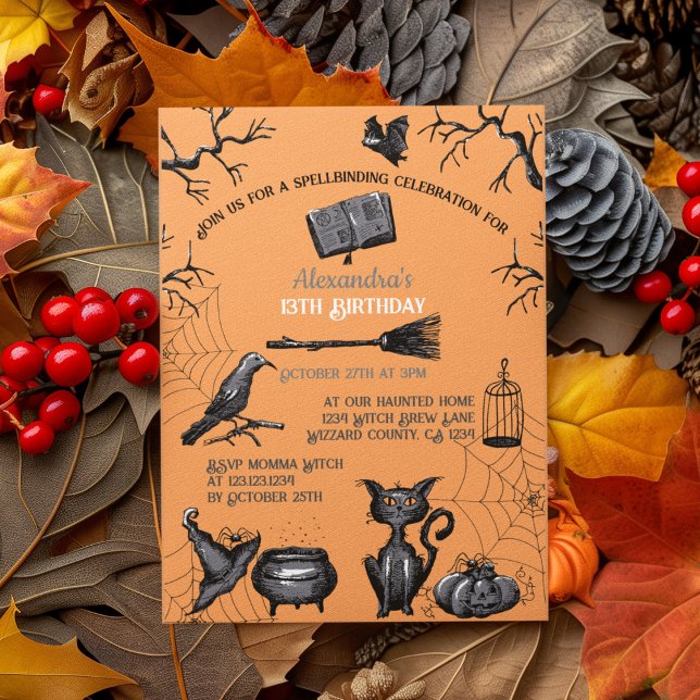Convites Festa de aniversário de Halloween Spellbinding Spo (Spooky Kids Halloween Party Invitation. Creepy Bats, Webs, Black Cat, Cauldron, Black Raven, Pumpkin)