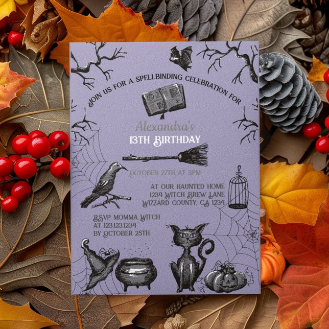 Convites Festa de aniversário de Halloween Spellbinding Spo (Spooky Kids Halloween Party Invitation. Creepy Bats, Webs, Black Cat, Cauldron, Black Raven, Pumpkin)