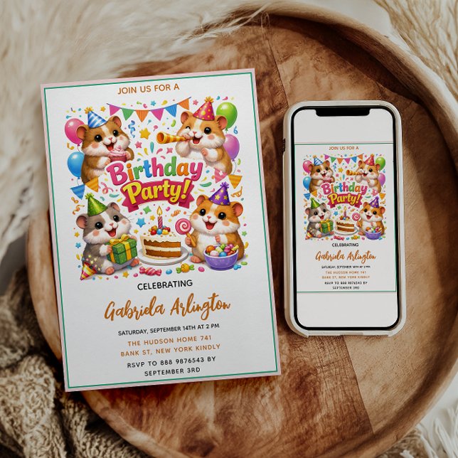 Convites Festa de Aniversário de Hamster Fofo | Hamster par (Cute Hamster Birthday Party | Kids Hamster Invitation
)