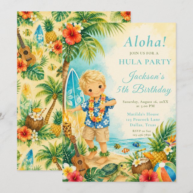 Convites Festa de Aniversário de Hula (Frente/Verso)
