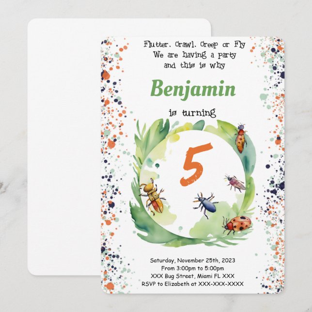 Convites Festa de aniversário de Inseto de Menino Editável (Frente/Verso)