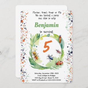 Convites Festa de aniversário de Inseto de Menino Editável