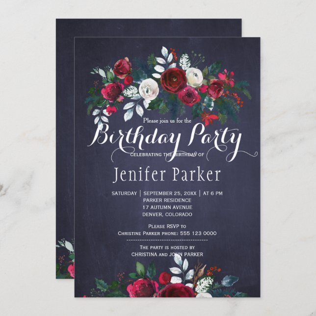 Convites Festa de aniversário de inverno de Chic Floral com (Frente/Verso)