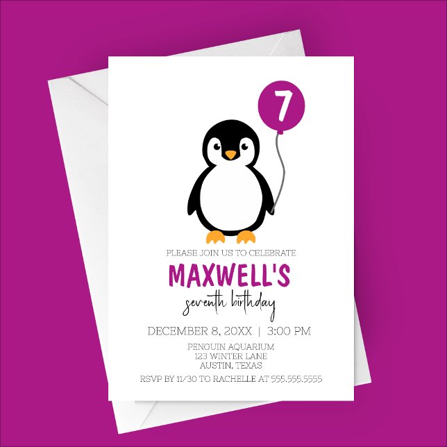 Convites Festa de aniversário de inverno do Pinguim Minimal (Purple Minimalist Penguin Winter Birthday Party Invitation)