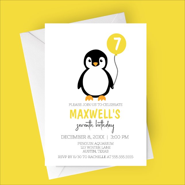 Convites Festa de aniversário de inverno do Pinguim Minimal (Yellow Minimalist Modern Penguin Winter Birthday Party Invitation)