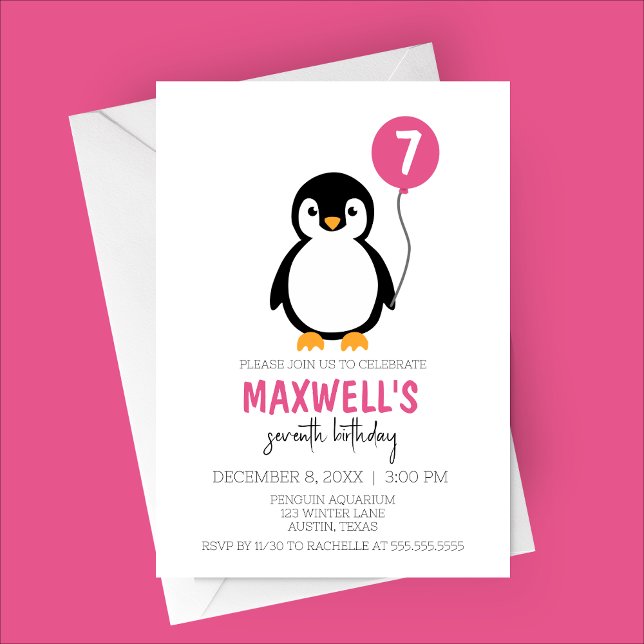 Convites Festa de aniversário de inverno do Pinguim Minimal (Pink Modern Minimalist Penguin Winter Birthday Party Invitation)