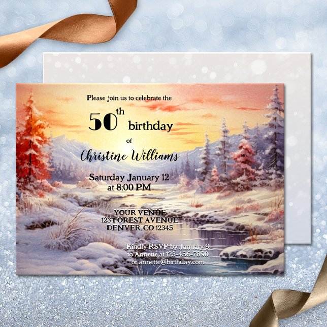 Convites Festa de aniversário de inverno para Adultos Artís (Adult birthday invitation featuring a watercolor painting of a winter wonderland at sunset)