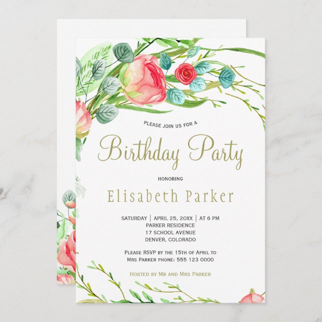 Convites Festa de aniversário de jardim de coral elegante (Frente/Verso)