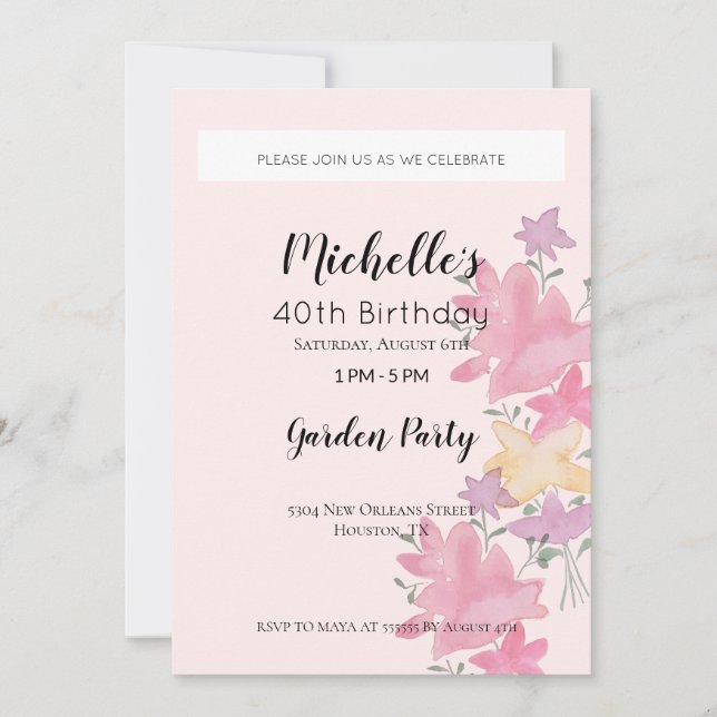Convites Festa de aniversário de jardim rosa aquarela (Frente)
