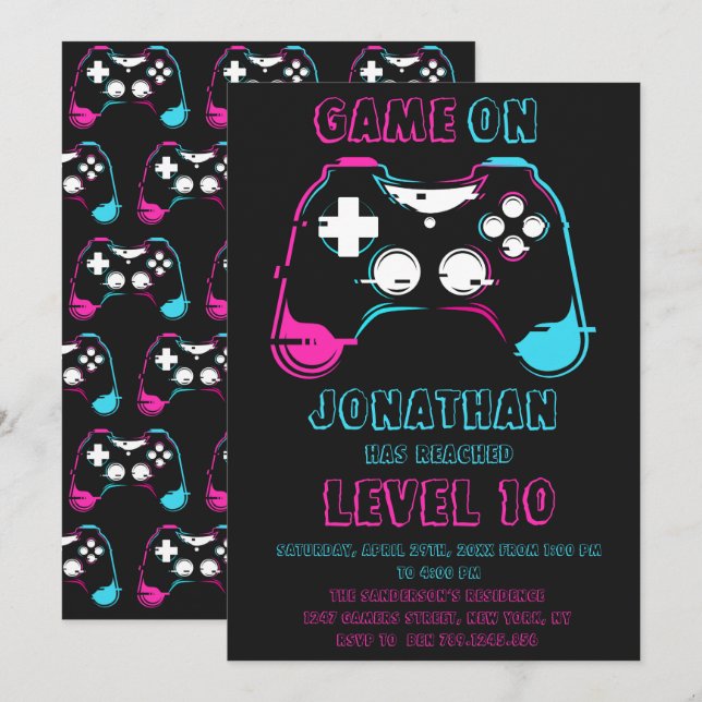 Convites Festa de Aniversário de Jogador de Videogame Subiu (Frente/Verso)