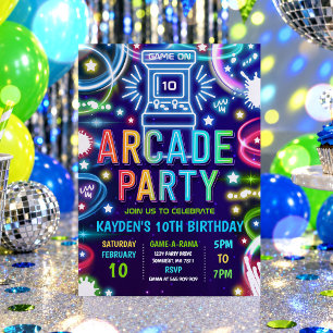 Convites Festa de Aniversário de Jogos de Arcade Retro Neon