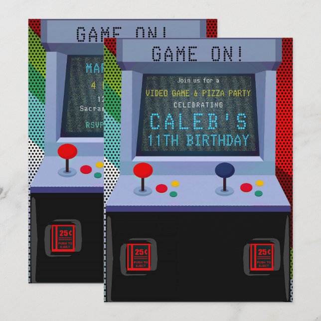 Convites Festa de aniversário de jogos de vídeo em Arcade (Frente/Verso)