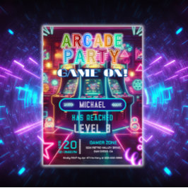 Convites Festa de aniversário de jogos neon retro para jogo