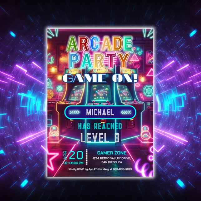 Convites Festa de aniversário de jogos neon retro para jogo (Neon Arcade Birthday Party Invitation)